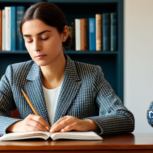 Home 6 A professional woman in a modest business blazer and smart trousers, fully clothed, appropriate attire, professional dress, sitting at a beautifully designed wooden desk in a tranquil, sunlit study. Her gaze is thoughtful, reflecting introspection as she holds a closed journal. The room has warm, neutral tones, with a subtly patterned Spanish ceramic vase on a shelf, adding a touch of cultural elegance. The atmosphere is calm and conducive to reflection. Perfect anatomy, correct proportions, natural pose, well-formed hands, proper finger count, natural body proportions. Safe for work, appropriate content, professional, family-friendly, high quality professional photography.