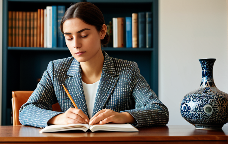 A professional woman in a modest business blazer and smart trousers, fully clothed, appropriate attire, professional dress, sitting at a beautifully designed wooden desk in a tranquil, sunlit study. Her gaze is thoughtful, reflecting introspection as she holds a closed journal. The room has warm, neutral tones, with a subtly patterned Spanish ceramic vase on a shelf, adding a touch of cultural elegance. The atmosphere is calm and conducive to reflection. Perfect anatomy, correct proportions, natural pose, well-formed hands, proper finger count, natural body proportions. Safe for work, appropriate content, professional, family-friendly, high quality professional photography.