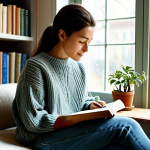 Reinterpreting Reality & Inner Dialogue**

"A woman sitting in a cozy, sunlit room, journaling in a notebook, a warm cup of tea beside her. She is wearing a comfortable sweater and jeans, fully clothed, appropriate attire, safe for work. The scene should convey a sense of peace and self-reflection, with soft lighting and muted colors. The background includes bookshelves and plants, suggesting a nurturing environment. Perfect anatomy, natural proportions, professional photography, high quality."

**