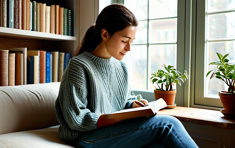 Reinterpreting Reality & Inner Dialogue**

"A woman sitting in a cozy, sunlit room, journaling in a notebook, a warm cup of tea beside her. She is wearing a comfortable sweater and jeans, fully clothed, appropriate attire, safe for work. The scene should convey a sense of peace and self-reflection, with soft lighting and muted colors. The background includes bookshelves and plants, suggesting a nurturing environment. Perfect anatomy, natural proportions, professional photography, high quality."

**