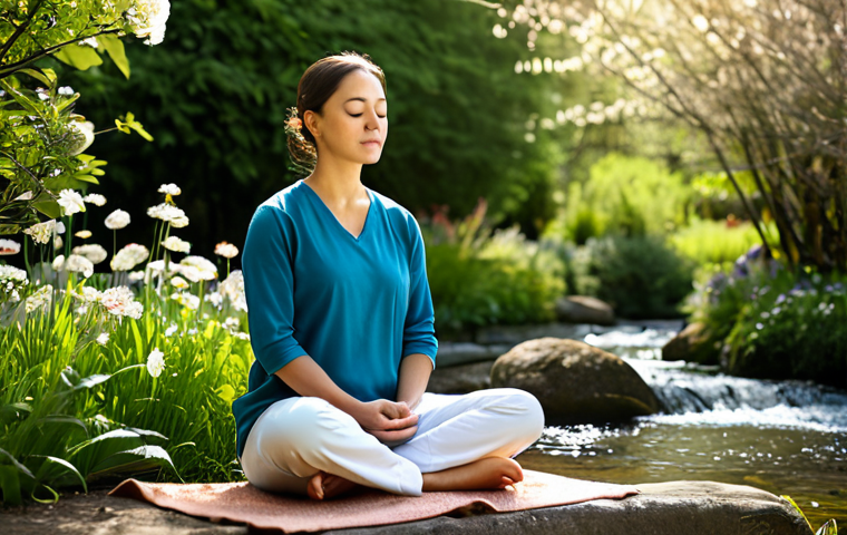 Cultivating Resilience**
A woman in comfortable clothing, sitting peacefully in a sunlit garden, meditating with closed eyes. Background: blooming flowers, a gentle stream. Focus on serenity and inner strength. fully clothed, modest clothing, appropriate attire, safe for work, perfect anatomy, natural proportions, professional photography, high quality. Family-friendly.
**