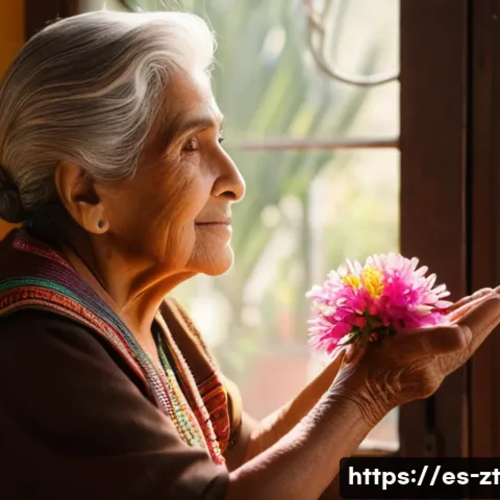 정신적 회복탄력성을 위한 문화적 접근 - **Prompt:** A heartwarming, realistic photograph of an elderly Hispanic grandmother (abuela) with ki...