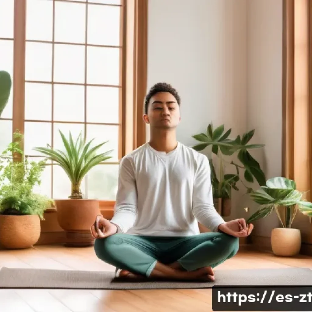 정신적 회복탄력성과 스트레스 관리 - A serene indoor scene showing a young adult meditating peacefully in a cozy, softly lit room decorat...