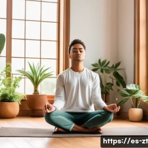 정신적 회복탄력성과 스트레스 관리 - A serene indoor scene showing a young adult meditating peacefully in a cozy, softly lit room decorat...