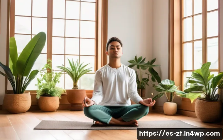 정신적 회복탄력성과 스트레스 관리 - A serene indoor scene showing a young adult meditating peacefully in a cozy, softly lit room decorat...