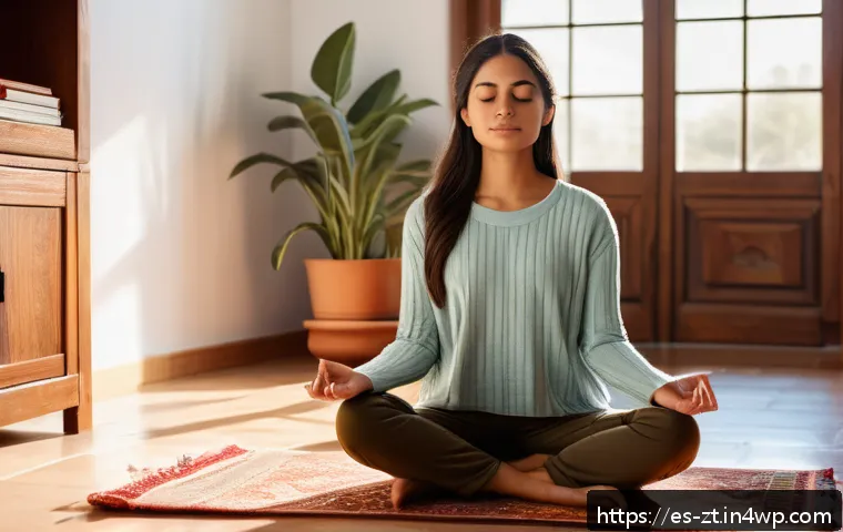 정신적 회복탄력성과 개인의 성장 - A serene indoor scene depicting a young Hispanic woman practicing mindfulness meditation in a cozy, ...