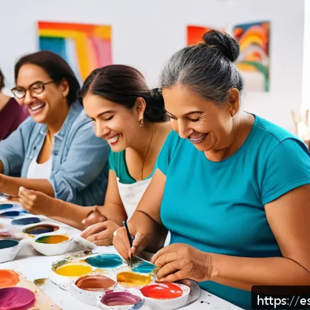 정신적 회복탄력성 향상을 위한 커뮤니티 활동 - A diverse group of Hispanic adults engaged in a vibrant community art workshop in a bright, colorful...