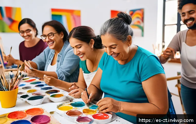 정신적 회복탄력성 향상을 위한 커뮤니티 활동 - A diverse group of Hispanic adults engaged in a vibrant community art workshop in a bright, colorful...