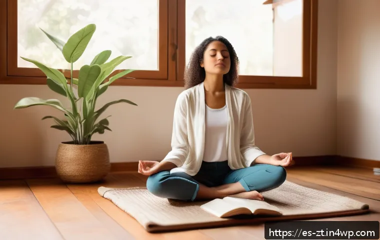 정신적 회복탄력성의 심리학적 기초 - A serene and inspiring scene of a young adult woman sitting cross-legged on a wooden floor in a cozy...