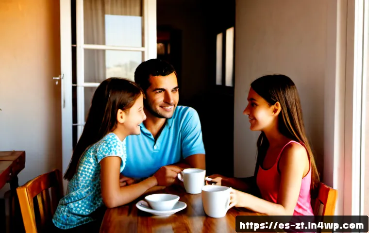 정신적 회복탄력성을 높이기 위한 가족 대화법 - Photorealistic Spanish family having a supportive conversation around a wooden dining table in a bri...