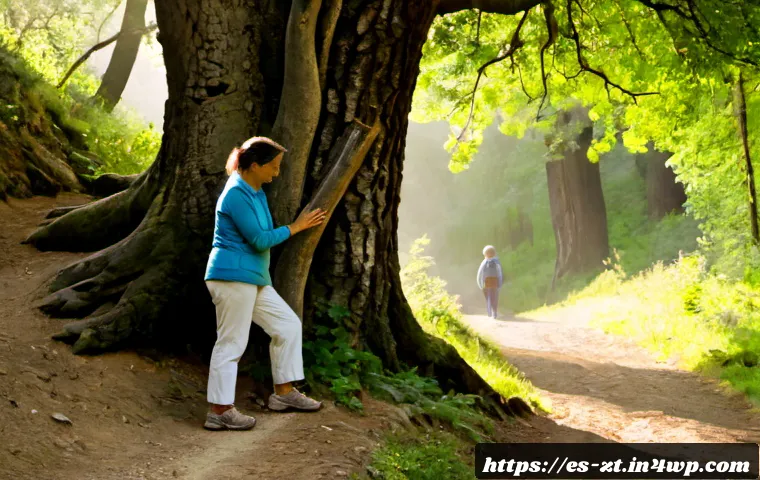 정신적 회복탄력성을 높이는 자연과의 연결 - Photorealistic wide shot of a middle-aged Spanish woman in comfortable hiking clothes pausing beside...